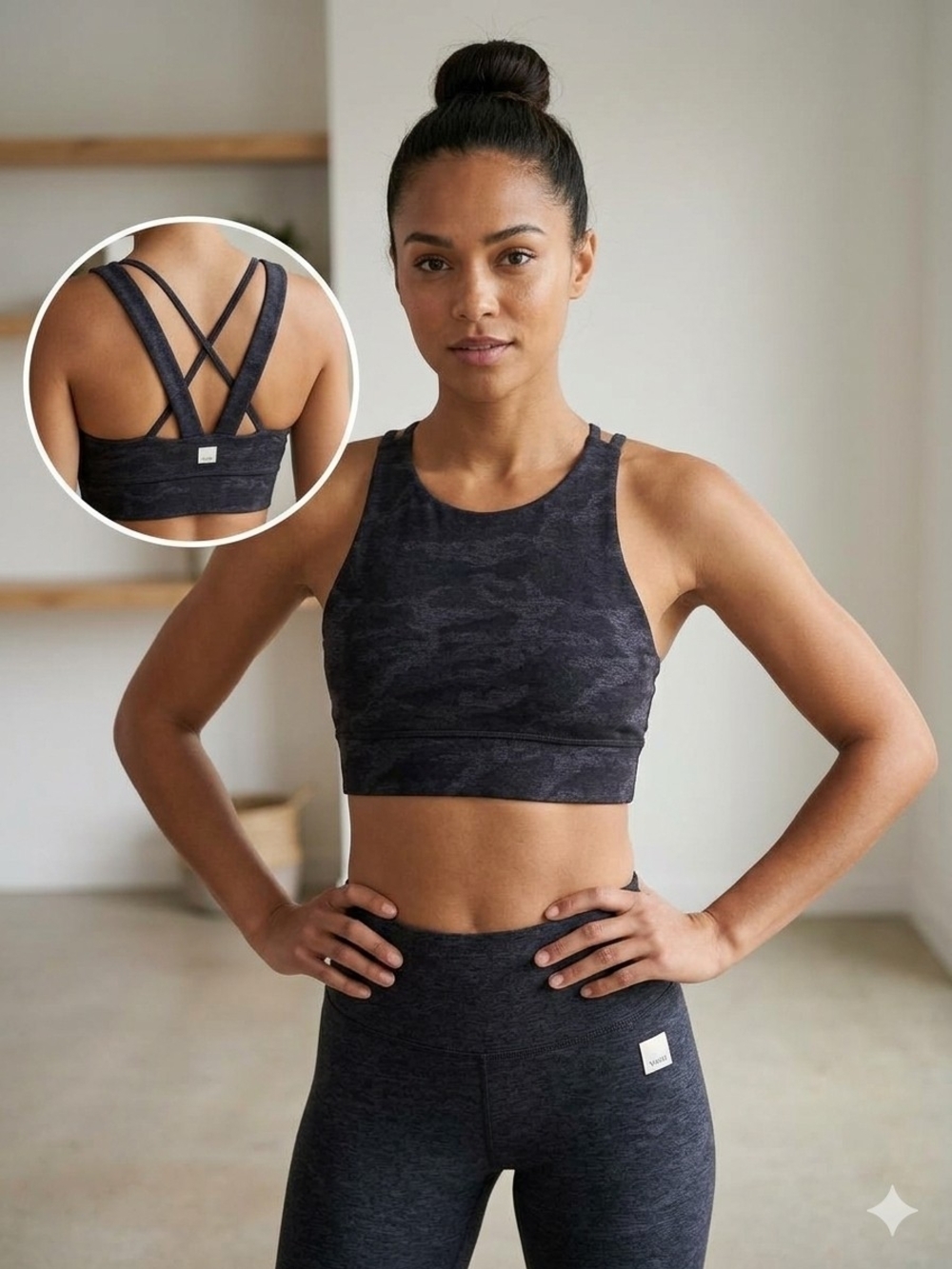 Vuori Dark Charcoal Camo High-Neck Sports Bra